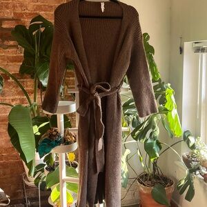 Anthropologie Brown Knit Long robe cardigan small with tie